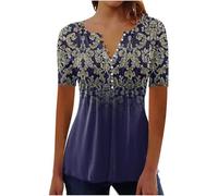 Camiseta para mujer de gran tamaño con estampado - Camiseta de verano para mujer, elegante, manga corta, cuello en V, holgada, larga con estampado, blusa de verano con flores, blusa larga transpirable