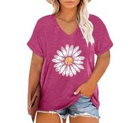 Camiseta para mujer de gran tamaño con estampado - Camiseta para mujer con cuello en V, manga corta, verano, elegante, blusa larga con estampado de flores, túnica, holgada, tallas grandes, blusa de