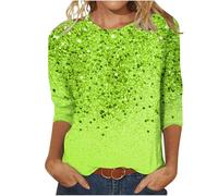 Camiseta para mujer de manga 3/4 con purpurina, camiseta con estampado de lentejuelas, camiseta festiva, cuello redondo, jersey fino, camiseta de manga larga, transpirable, elástica, cómoda, túnica