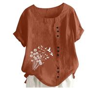 Camiseta para mujer divertida de manga corta con estampado de diente de león, camiseta de verano, cuello redondo, parte superior con botones, marrón, XL