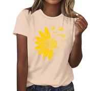 Camiseta para mujer elegante con estampado de margaritas, informal, cuello redondo, blusa holgada, manga corta, camiseta ligera, parte superior fina, camiseta básica cómoda, camiseta deportiva, beige