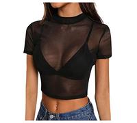 Camiseta para mujer, elegante, elegante, blusa Top See-Through Short, Tee Mesh Tops Women's Sleeve Sheer Clubwear Women's Blusa Tee Shirt Girl Message, Le Noir, S