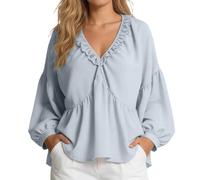 Camiseta para mujer, elegante, túnica, cuello en V, parte superior, volantes, mangas de farol, blusa de gasa, suelta, monocolor, blusa para mujer, corte clásico, blusas para mujer, azul celeste, 3XL