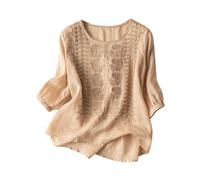 Camiseta para mujer, estilo bohemio, holgada, bordada, de lino y algodón, estilo retro, caqui, 3XL