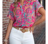 Camiseta para mujer, estilo campesino, con estampado de cachemira, cuello caído, ideal para vacaciones y un look casual