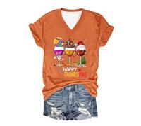 Camiseta para mujer "Happy Hallothanksmas" en color burdeos con estampado casual, a la moda, cuello en V, manga corta, blusas de verano para mujer, naranja, L