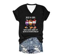 Camiseta para mujer "Happy Hallothanksmas" en color burdeos con estampado casual a la moda, cuello en V, manga corta, disfraz aeróbico, Negro , XL
