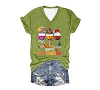Camiseta para mujer "Happy Hallothanksmas" en color burdeos con estampado casual, a la moda, cuello en V, manga corta, blusas de verano para mujer, verde, XXL