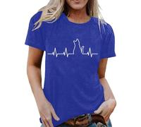 Camiseta para mujer, informal, simple, camiseta básica de verano, bonita parte superior con gatos, latido del corazón, manga corta, cuello redondo, blusa ajustada, corte regular, camiseta acogedora, O