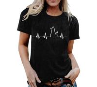 Camiseta para mujer, informal, simple, camiseta básica de verano, bonita parte superior con gatos, latido del corazón, manga corta, cuello redondo, blusa ajustada, corte regular, camiseta acogedora, O