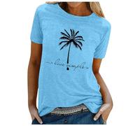 Camiseta para mujer "Live Simply" con estampado de coco y estampado de playa de encaje, color negro, azul claro, XL