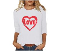 Camiseta para mujer, manga 3/4, con estampado de corazón, con frases en inglés «Love», tallas grandes, cuello redondo, para San Valentín, Blanco, L