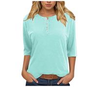 Camiseta para mujer, manga 3/4, exterior, color liso, cuello en V, manga tres cuartos, para verano, túnica, para vacaciones, ocio, carreras, Streetwear Tops, M4-azul claro, S