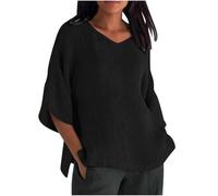 Camiseta para mujer, manga 3/4, grande, cuello en V, gran tamaño, fluido, alto, algodón, lino, transpirable, alto, ligero, minimalista, camiseta holgada, informal, camiseta básica, color sólido, Negro