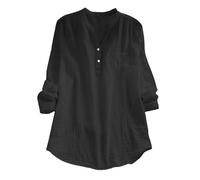 Camiseta para mujer, manga 3/4, talla grande, camiseta para mujer, cuello en V, algodón, lino, elegante, alta ligera, algodón, corte holgado, color liso, elegante, camiseta básica casual, Negro , XXL