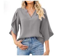 Camiseta para mujer Nouvelles Femmes Mode pétale Manches hauts col en V en Mousseline de Soie Chemise, gris, XXL