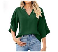 Camiseta para mujer Nouvelles Femmes Mode pétale Manches hauts col en V en Mousseline de Soie Chemise, verde, XL