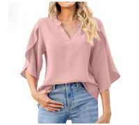 Camiseta para mujer Nouvelles Femmes Mode pétale Manches hauts col en V en Mousseline de Soie Chemise, rojo, S