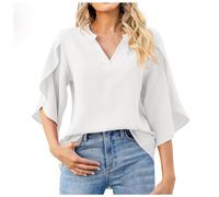 Camiseta para mujer Nouvelles Femmes Mode pétale Manches hauts col en V en Mousseline de Soie Chemise, Blanco, L