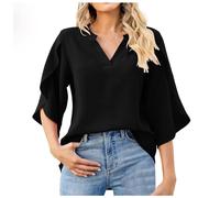 Camiseta para mujer Nouvelles Femmes Mode pétale Manches hauts col en V en Mousseline de Soie Chemise, Negro , S