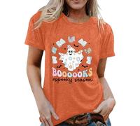 Camiseta para mujer para los amantes de los libros 'BOOOOOKS' - Divertida camiseta de Halloween con espíritu lector | Parte superior para la temporada "Spooky Season", Style_y01 Orange, 3XL
