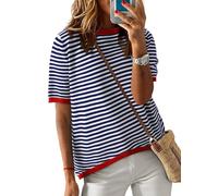 Camiseta para Mujer Rayure Toton Top Femme Chic et Élégant Col Rond été Manche Courte Blouse, Azul Oscuro, S