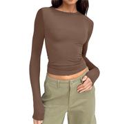 Camiseta para mujer, talla grande, manga larga, camiseta de poliéster Elastano, camiseta de cuello redondo, camiseta de gran tamaño alto, color liso, top corto, ropa doblada Loungewear protección