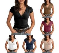 Camiseta para mujer Y2k Wrap Top de manga corta con cuello en V profundo blusa envolvente Slim Fit Yoga Blusa Pilates Ballet Entrenamiento Tops Sexy Opaco Envolvente Top Suave Vendaje Camisa Monocolor