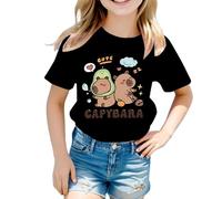 Camiseta para niña con cuello redondo, dibujos animados, estampado de animales, suelta, manga corta, para escuela, ocio, deporte, Negro , 12-14 años