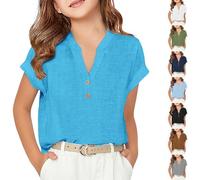 Camiseta para niñas y niños, blusa de lino, suelta, manga corta, blusa, camiseta de lino, camiseta de gran tamaño, camiseta de lino, tallas grandes, 110-160, verde, 130