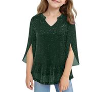 Camiseta para Niños 2026 Brillante Chica Top Con Diseño De Capa De Hilo Y Malla Camiseta De Verano De Manga Larga Suave Para Algodón Blusa Camisetas, verde, 9-10 años