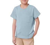 Camiseta para niños 2026, unisex, para niños, niñas, básica, de manga corta, monocolor, con bolsillo, cuello redondo, informal, cuello redondo, parte superior blanca, azul claro, 10-11 años