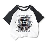 Camiseta para niños Cappuccino Assassino, manga raglán italiano rojo cerebro estampado divertido 100% algodón cuello redondo manga corta niños niñas camisetas regalo, Negro , 120