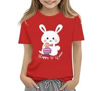 Camiseta para niños de Easter Bunny con huevos coloridos y diseño floral, camiseta suave para niñas, cómoda y elegante, rojo, 10-11Years