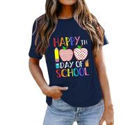 Camiseta para profesor de 100 días de escuela con texto "Happy 100 Days of School", camiseta de manga corta para profesor, camiseta blanca para mujer, azul, S
