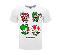 Camiseta Personajes Mario, Mario, Luigi, Yoshi y Toad. 100% algodón. Color Blanco con Logotipo. Tallas para niño. (FR/ES, Edad, 14 años, 15 años, Regular, Blanco)
