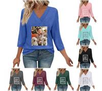 Camiseta Personalizada Mujer Manga Larga Camisa Personalizar Cuello en V - Regalos Personalizados Tus Fotos y Textos A Todo Tops Fiesta Suelto Uniformes Sociedades Regalos Personalizados