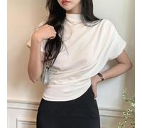 Camiseta plisada de manga corta para mujer, cuello alto para ajuste delgado, casual, ropa de calle, para primavera, uso diario, color sólido, blusa en negro, blanco, beige, verde, azul, rosa, tallas M