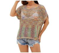 Camiseta Punto de Ganchillo para Mujer, Cuello Redondo Manga Corta, Cover Up Casual en Negro, Grande para Playa y Verano