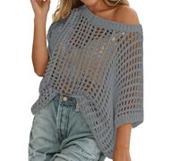 Camiseta Punto de Ganchillo para Mujer, Cuello Redondo Manga Corta, Cover Up Casual en Negro, Grande para Playa y Verano