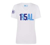 Camiseta R5AL Madridista - Tributo a Las 15 Champions ganadas por el Madrid (Blanco Azul Mujeres Talla S)
