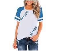 Camiseta raglán para mujer, camiseta de béisbol, cuello redondo, camiseta delgada, estampado de patchwork, blusa de verano para mujer, azul, L
