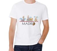 Camiseta Recuerdo Ciudad de España Madrid con Fuentes Ilustradas, algodón, Unisex y niño, Color Blanco (FR/ES, Letras, XL, Blanco, Adultos Unisex)