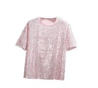 Camiseta Reflectante de Lentejuelas para Hombre, Manga Corta Artista Discoteca Pink08Red Chico