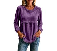 Camiseta retro de lino con volantes para mujer, de gran tamaño, cuello redondo, dobladillo deshilachado, adorable blusa plisada relajada hecha para un uso diurno brillante y cálido de verano, Morado