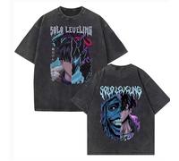 Camiseta Retro Lavada De Anime Solo Leveling Para Hombre, Camiseta De Algodón De Manga Corta Estilo Harajuku Con Dibujos Animados, Camiseta Unisex Retro De Cuello Redondo, Tallas XS-3XL-Black-7||3XL