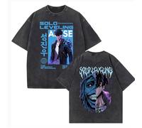 Camiseta Retro Lavada De Anime Solo Leveling Para Hombre, Camiseta De Algodón De Manga Corta Estilo Harajuku Con Dibujos Animados, Camiseta Unisex Retro De Cuello Redondo, Tallas XS-3XL-Black-7||3XL
