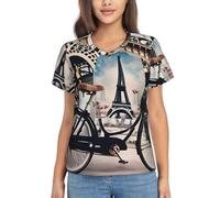 Camiseta romántica de la Torre Eiffel de París con estampado de bicicleta de manga corta y cuello en V para mujer, camisetas de moda para playa, vacaciones, camisa casual, Negro, XXL