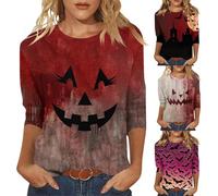 Camiseta sangrienta para mujer, camisetas de Halloween divertidas para mujer, murciélago, fantasma, diablo, disfraces de Halloween, cuello redondo, manga 3/4, ropa de festival, rosa, Small