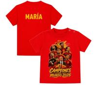 Camiseta Selección Española Bebe Personalizada Campeones del Mundo 2026. Equipación España Bebé Mundial 2026. Camiseta España Mundial 2026 Bebe. Tallas de 0 a 2 Años. 100% Algodón Peinado Rojo